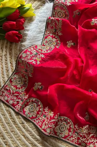 Red Color Heavy golden Embroidery And Zarkhan diamond Work Silk Saree