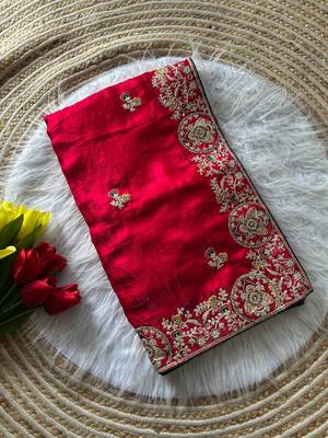 Red Color Heavy golden Embroidery And Zarkhan diamond Work Silk Saree 1