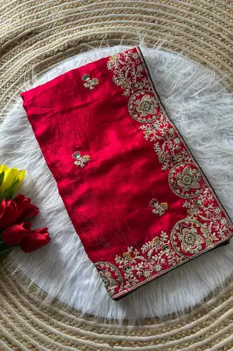 Red Color Heavy golden Embroidery And Zarkhan diamond Work Silk Saree