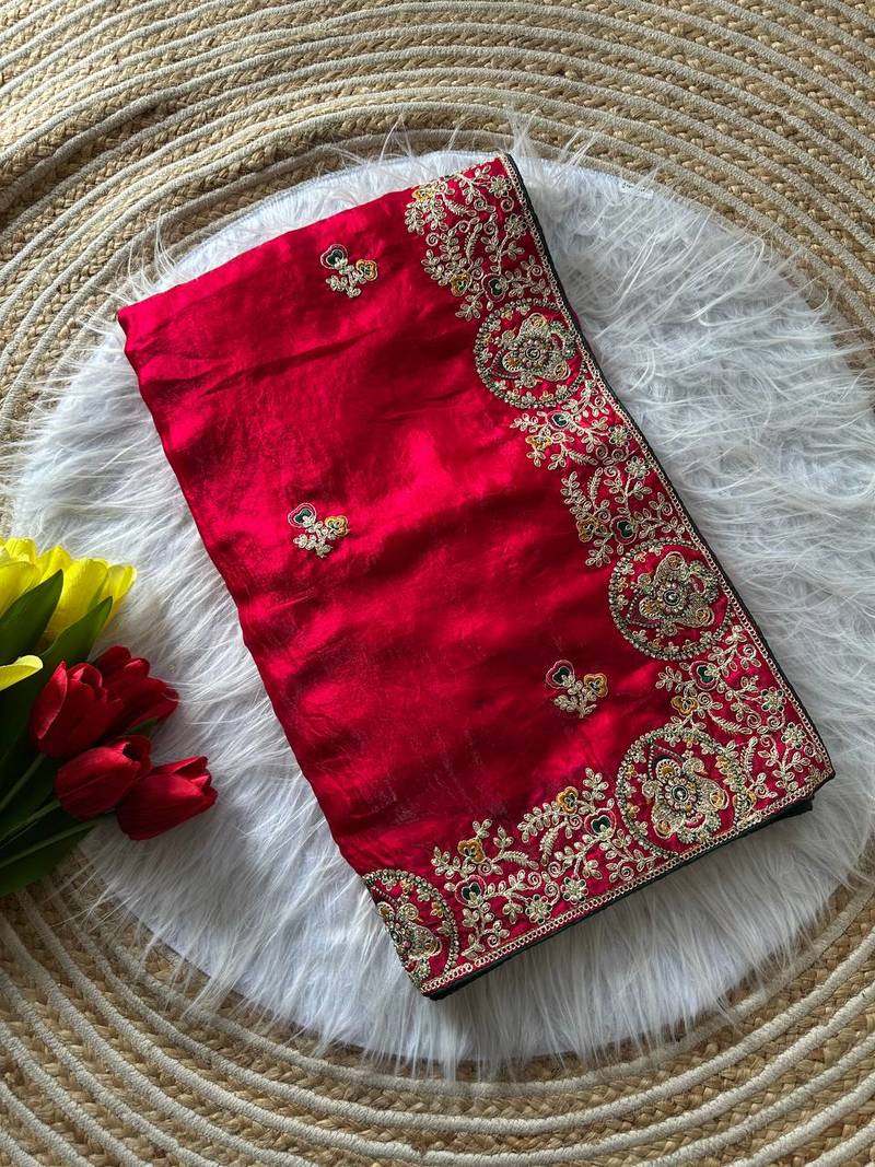 Red Color Heavy golden Embroidery And Zarkhan diamond Work Silk Saree