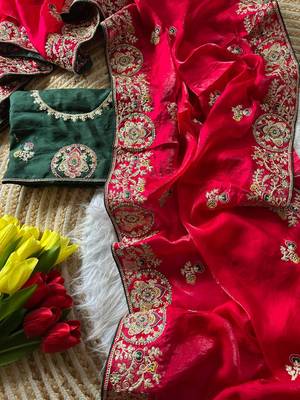 Red Color Heavy golden Embroidery And Zarkhan diamond Work Silk Saree 5