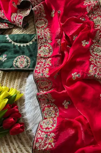 Red Color Heavy golden Embroidery And Zarkhan diamond Work Silk Saree