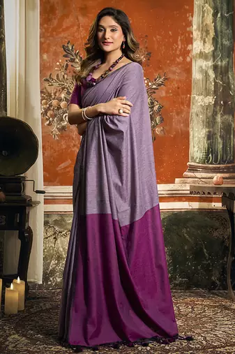 Lavender mal cotton contrast pallu fancy tassels saree