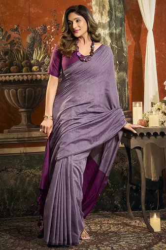Lavender mal cotton contrast pallu fancy tassels saree