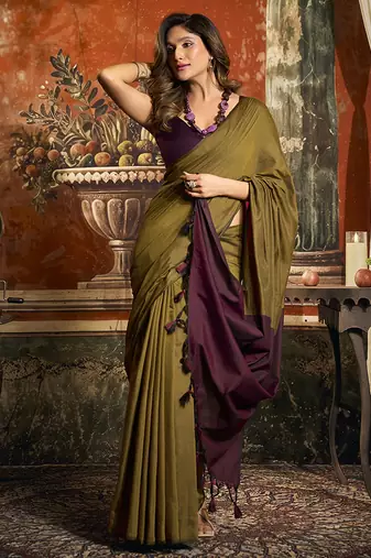 Olive mal cotton contrast pallu fancy tassels saree