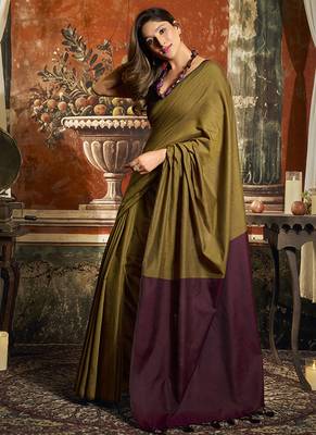 Olive mal cotton contrast pallu fancy tassels saree 3