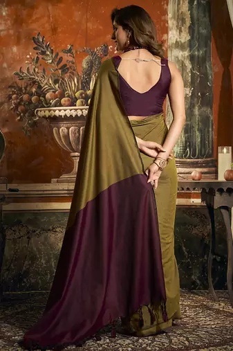 Olive mal cotton contrast pallu fancy tassels saree