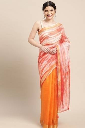 Peach Shibori Print Zari Border Kota Doria Silk Saree