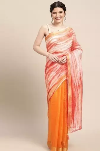 Peach Shibori Print Zari Border Kota Doria Silk Saree