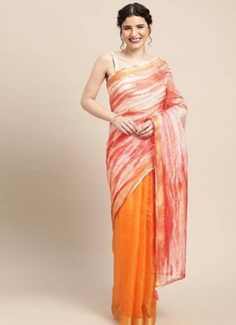 Peach Shibori Print Zari Border Kota Doria Silk Saree