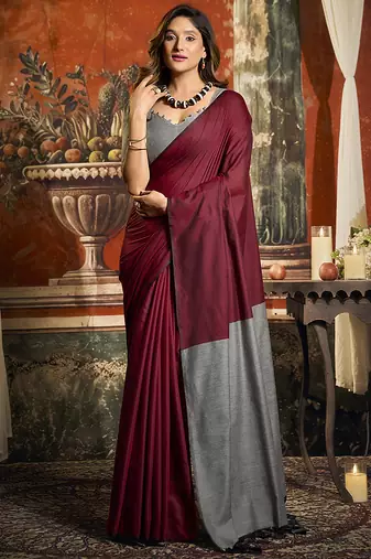 Maroon mal cotton contrast pallu fancy tassels saree