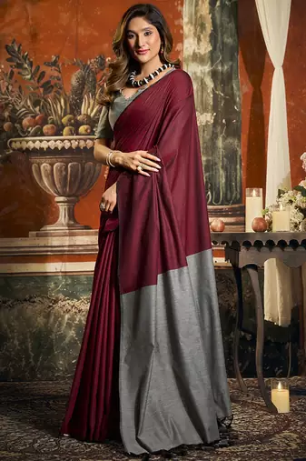 Maroon mal cotton contrast pallu fancy tassels saree