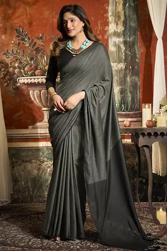 Grey mal cotton contrast pallu fancy tassels saree