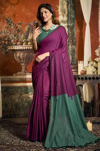 Magenta mal cotton contrast pallu fancy tassels saree