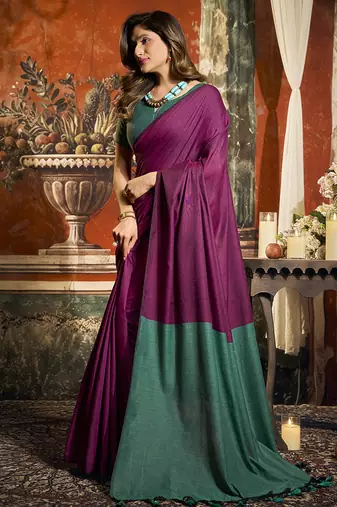 Magenta mal cotton contrast pallu fancy tassels saree