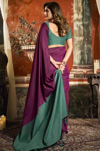 Magenta mal cotton contrast pallu fancy tassels saree