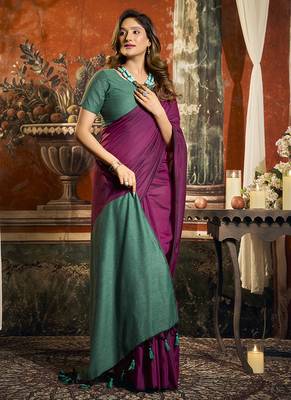 Magenta mal cotton contrast pallu fancy tassels saree 4