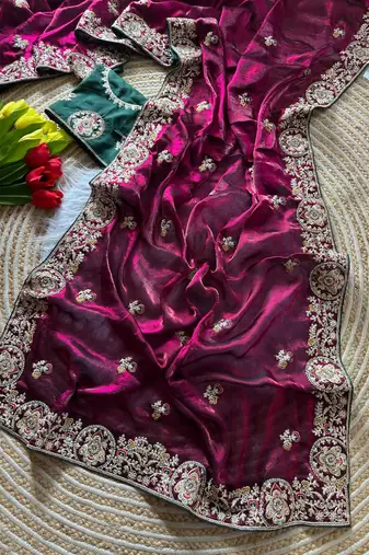 Wine Color Heavy golden Embroidery And Zarkhan diamond Work Silk Saree