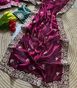 Wine Color Heavy golden Embroidery And Zarkhan diamond Work Silk Saree