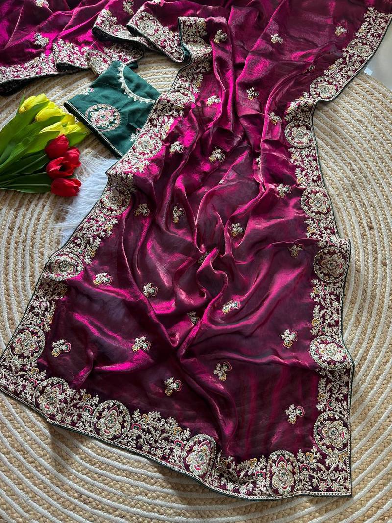 Wine Color Heavy golden Embroidery And Zarkhan diamond Work Silk Saree