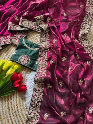 Wine Color Heavy golden Embroidery And Zarkhan diamond Work Silk Saree 2