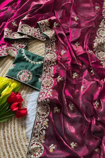 Wine Color Heavy golden Embroidery And Zarkhan diamond Work Silk Saree