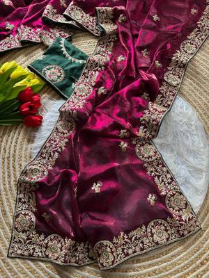Wine Color Heavy golden Embroidery And Zarkhan diamond Work Silk Saree 3