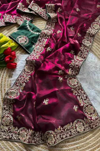 Wine Color Heavy golden Embroidery And Zarkhan diamond Work Silk Saree