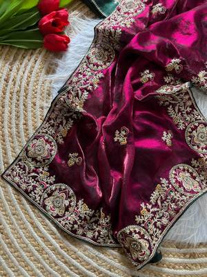 Wine Color Heavy golden Embroidery And Zarkhan diamond Work Silk Saree 4