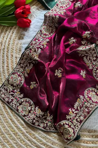 Wine Color Heavy golden Embroidery And Zarkhan diamond Work Silk Saree
