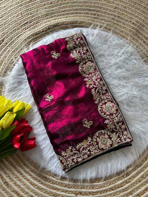 Wine Color Heavy golden Embroidery And Zarkhan diamond Work Silk Saree 5
