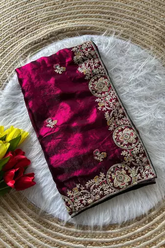 Wine Color Heavy golden Embroidery And Zarkhan diamond Work Silk Saree