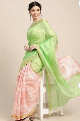 Green Shibori Print Zari Border Kota Doria Silk Saree