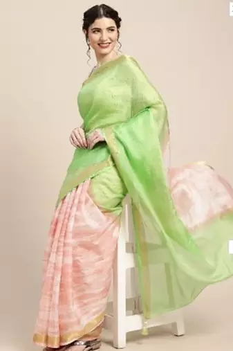 Green Shibori Print Zari Border Kota Doria Silk Saree