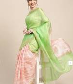 Green Shibori Print Zari Border Kota Doria Silk Saree
