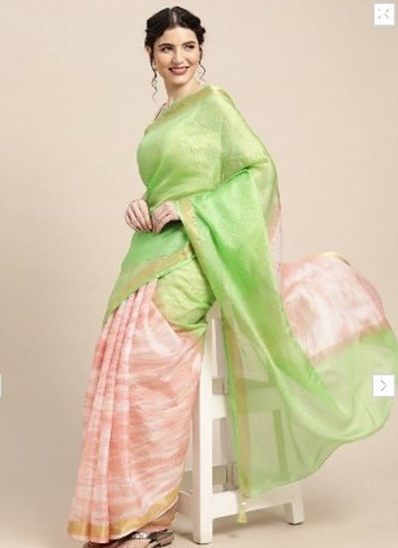 Green Shibori Print Zari Border Kota Doria Silk Saree