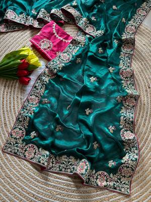 Emerald Color Heavy golden Embroidery And Zarkhan diamond Work Silk Saree 1