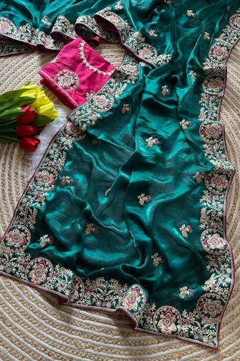 Emerald Color Heavy golden Embroidery And Zarkhan diamond Work Silk Saree