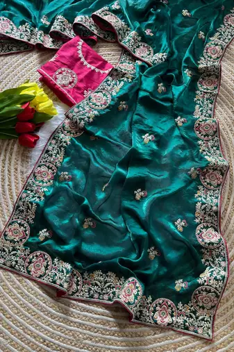 Emerald Color Heavy golden Embroidery And Zarkhan diamond Work Silk Saree