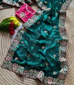 Emerald Color Heavy golden Embroidery And Zarkhan diamond Work Silk Saree