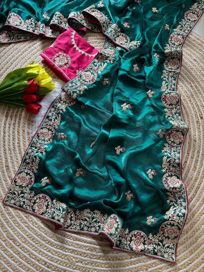 Emerald Color Heavy golden Embroidery And Zarkhan diamond Work Silk Saree