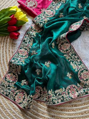 Emerald Color Heavy golden Embroidery And Zarkhan diamond Work Silk Saree 3