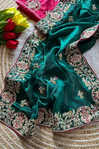 Emerald Color Heavy golden Embroidery And Zarkhan diamond Work Silk Saree