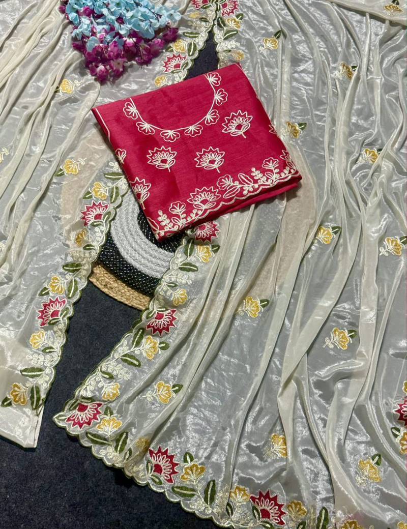 Off White Color Thred work silk  Saree