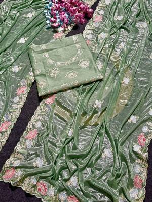 Olive Color Thred work silk  Saree 1