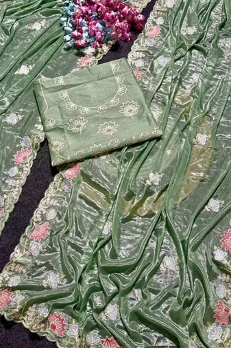 Olive Color Thred work silk  Saree
