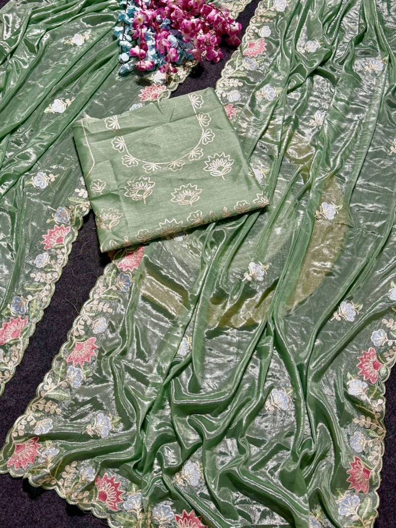 Olive Color Thred work silk  Saree