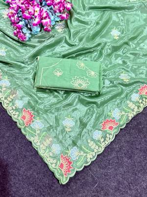 Olive Color Thred work silk  Saree 3