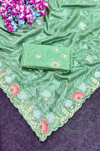 Olive Color Thred work silk  Saree