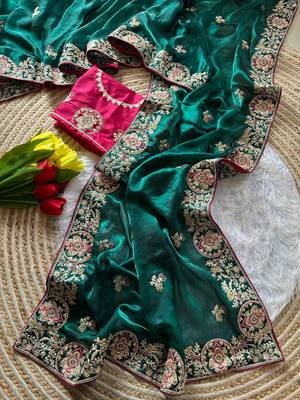 Emerald Color Heavy golden Embroidery And Zarkhan diamond Work Silk Saree 3